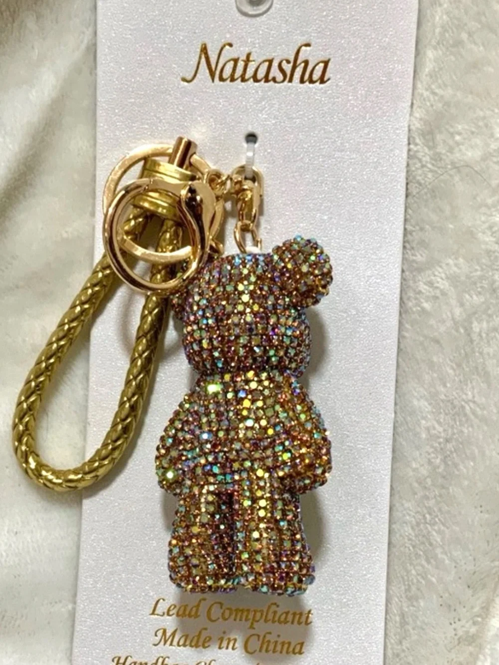 Natasha Couture Gold Multicolor Crystal Teddy Bear Keychain bag charm new
